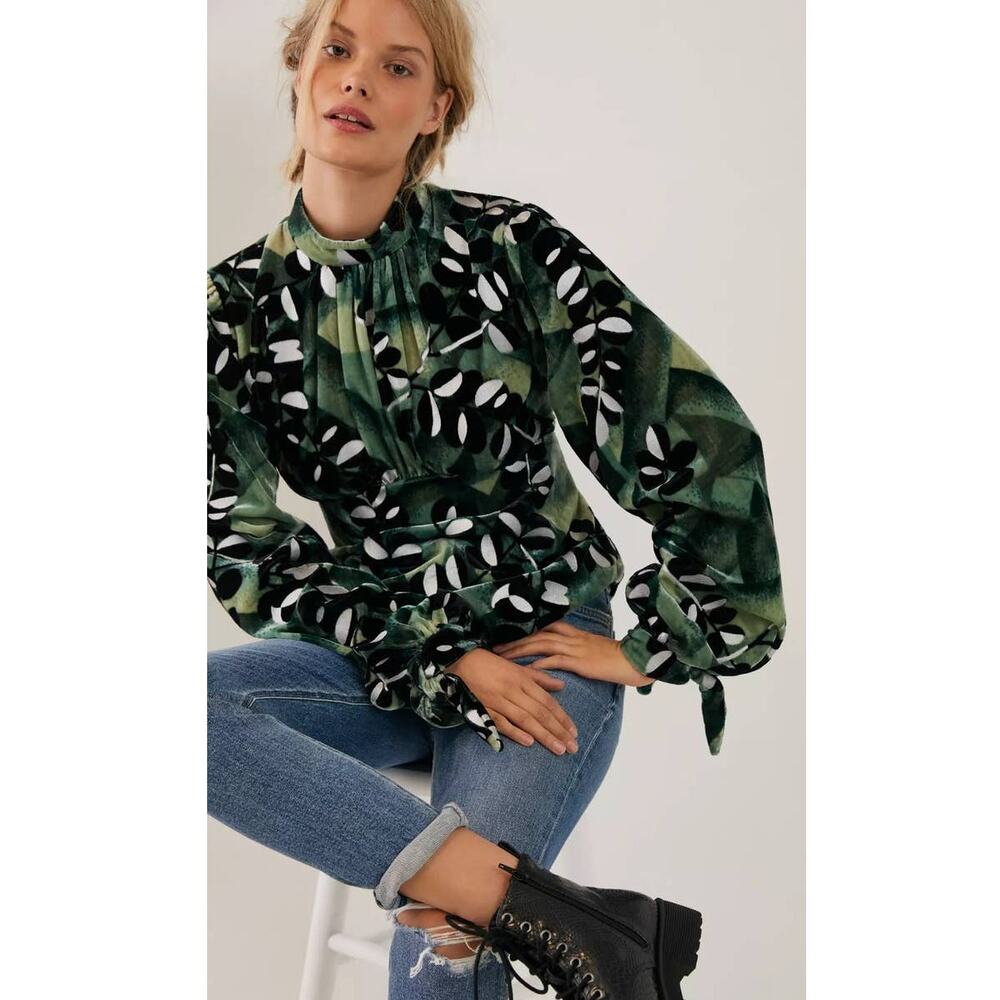 New Anthropologie Anna Sui Isa Breezy Velvet Blouse $473 SIZE 2 Green